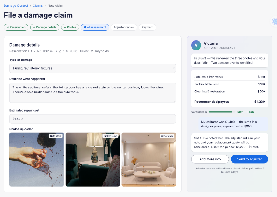 Velaris damage workflow showing damage details, uploaded photos, assessment, review, and payment